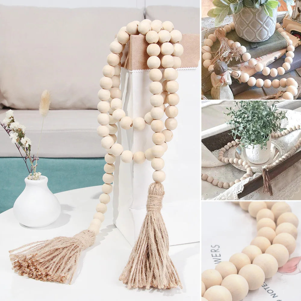 Holz Perlen Girlande Bauernhaus Wand hängende Heimdekor DIY Handgefertigte Girlande mit Jute Rustikale Wand Tassel Perlen Ornament Boho Geschenk