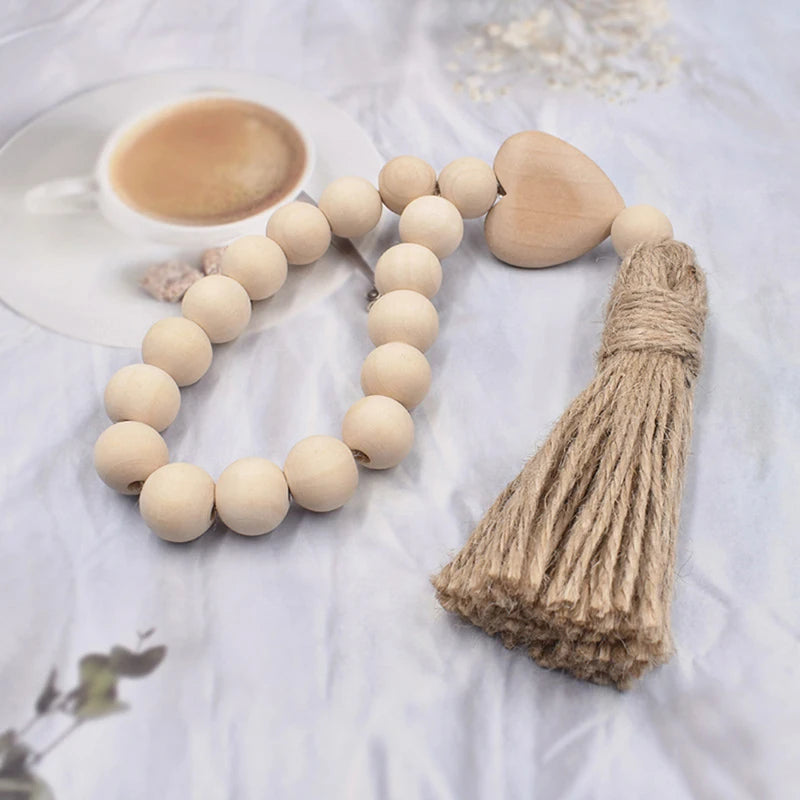 Holz Perlen Girlande Bauernhaus Wand hängende Heimdekor DIY Handgefertigte Girlande mit Jute Rustikale Wand Tassel Perlen Ornament Boho Geschenk